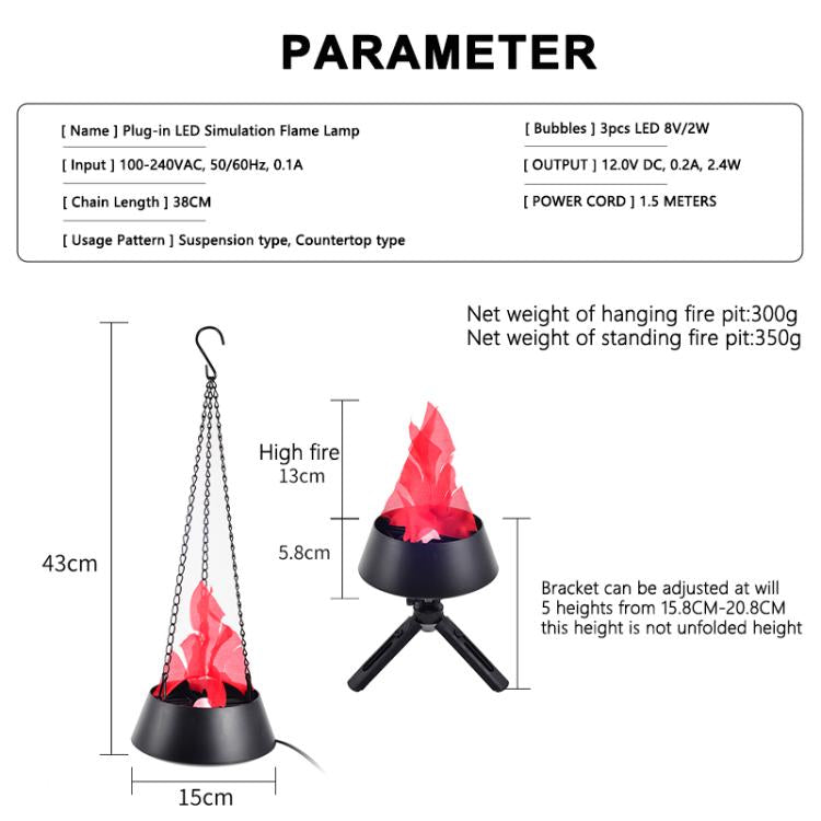 LED flame lamp size and parameter diagram with hanging chain and flame lamp shapes