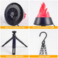 LED flame lamp detail collage showing fan, flame cloth, telescopic legs, and metal chain