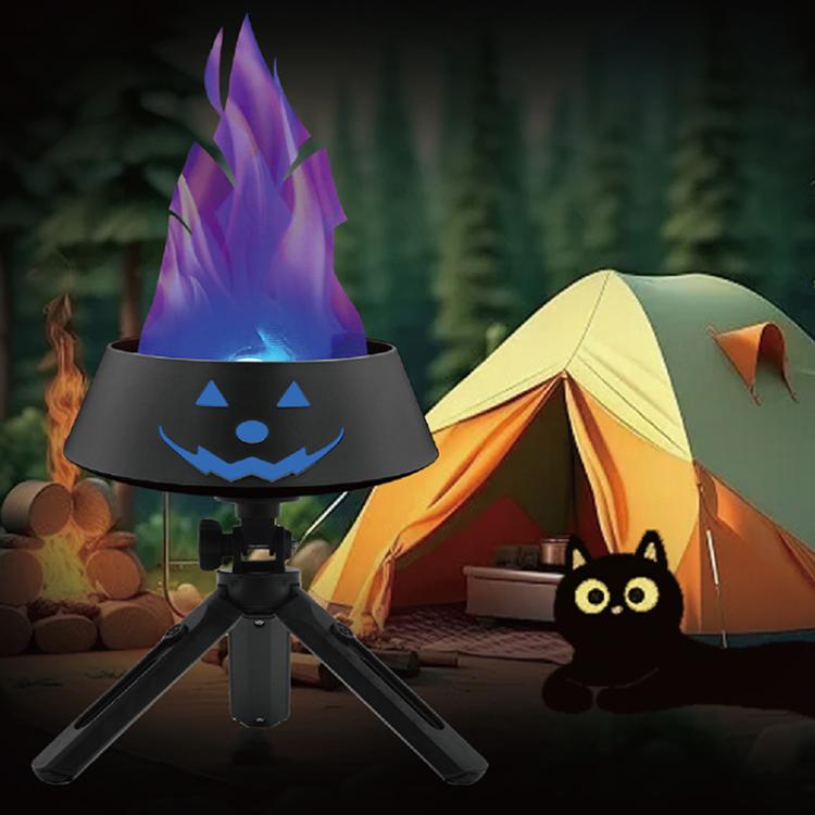 Black simulated flame LED lamp with blue flame effect on a tripod stand.
