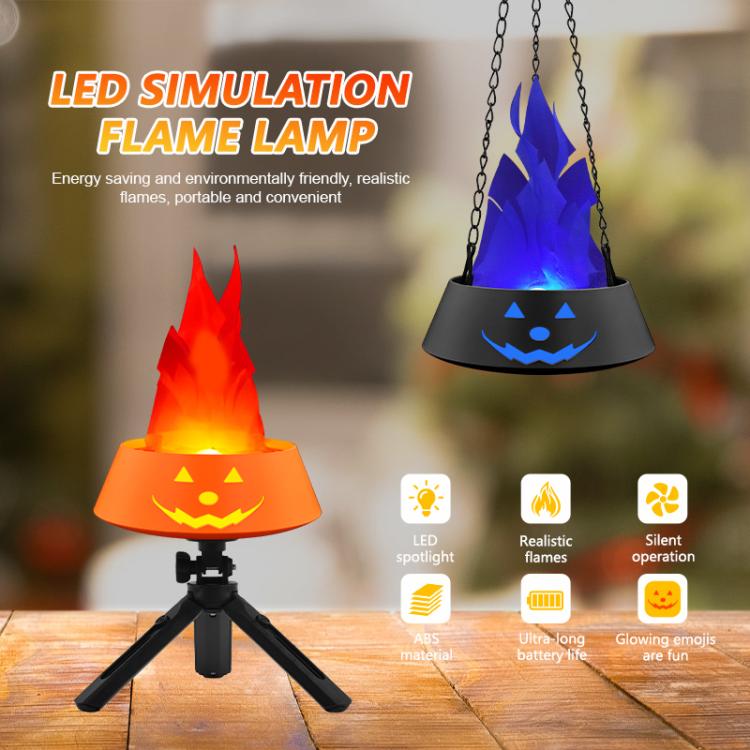 Orange simulated flame LED lamp with blue flame effect, tripod base for tabletop use.