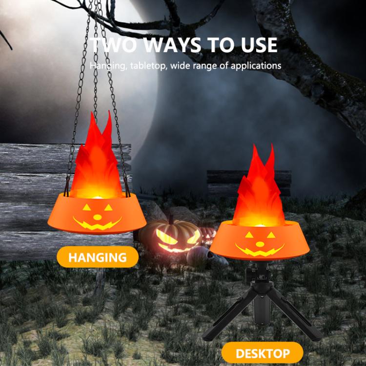 Orange simulated flame LED lamps with red flame effect, hanging and desktop tripod options.