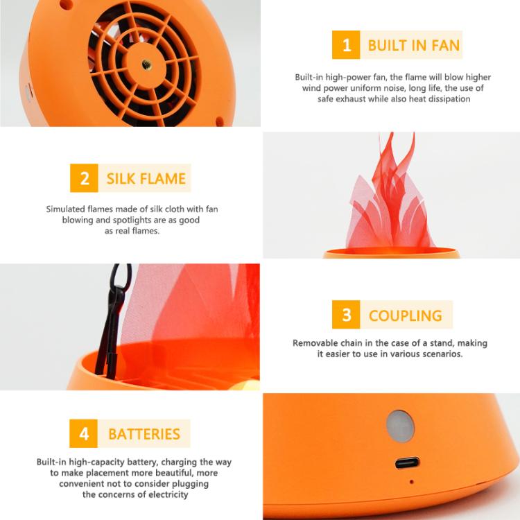 Orange simulated flame LED lamp close-ups: fan vent, flame silk, chain, and battery.
