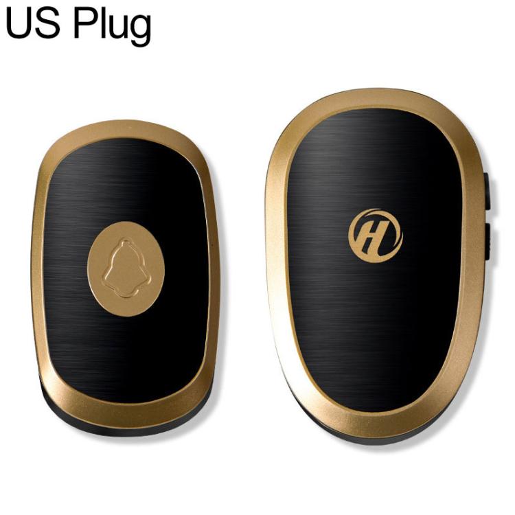 Wireless doorbell chime in black with gold trim, two units shown with bell button icon