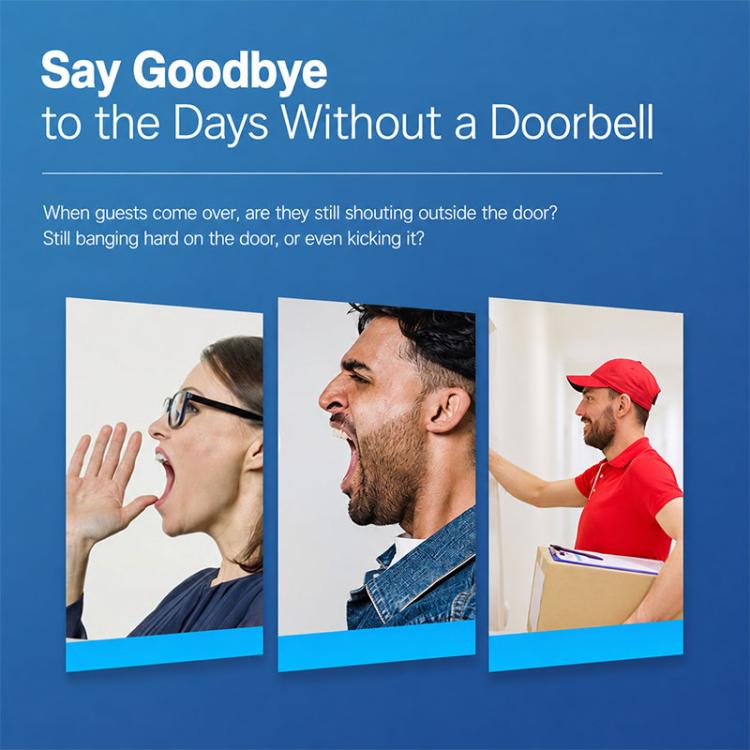 Doorbell promotion graphic with people calling and delivery at a doorway