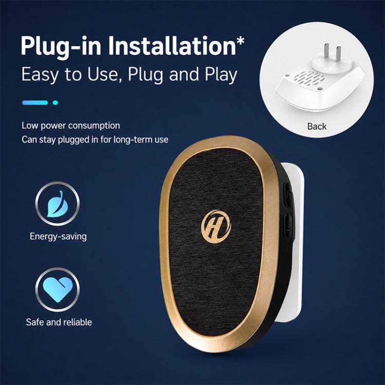 Wireless doorbell chime with black face and gold trim and a visible power plug graphic