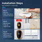 Wireless doorbell installation graphic showing adhesive mounting and chime plugging