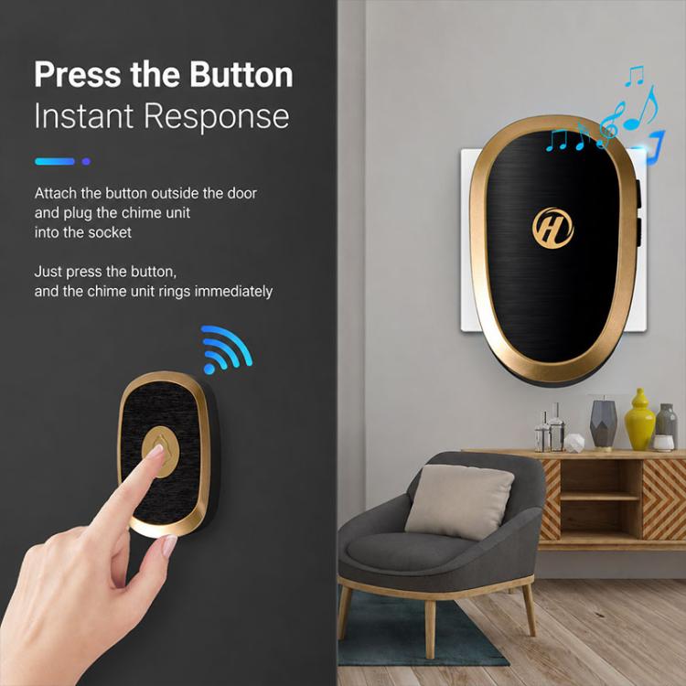 Wireless doorbell chime set with hand pressing the outdoor button and chime unit