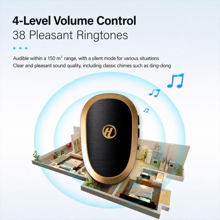 Black and gold wireless music doorbell with speaker grille, sound waves icon