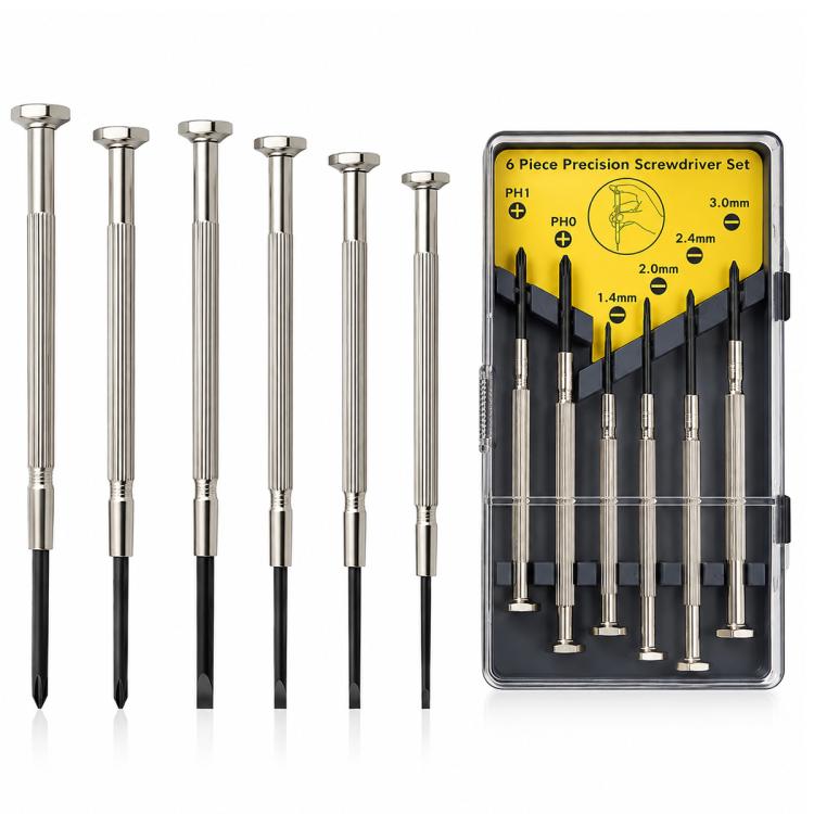 6-piece precision screwdriver set with metal shafts and black tip bits in holder