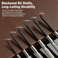 Black precision screwdriver bits on long metal shafts for watch and eyeglass repairs