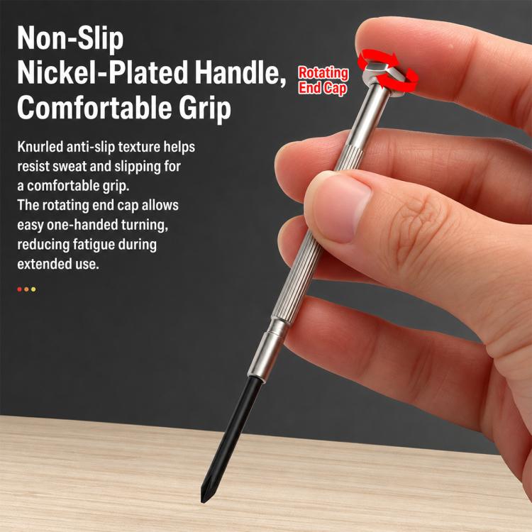 Precision screwdriver with knurled nickel-plated handle and rotating end cap