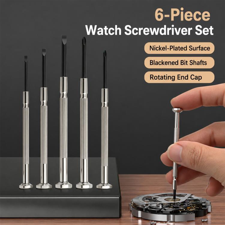 6-piece watch precision screwdriver set with rotating end cap and black bit shafts