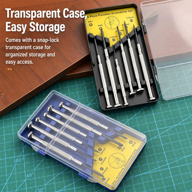 Transparent snap-lock storage case with precision screwdrivers arranged for easy access