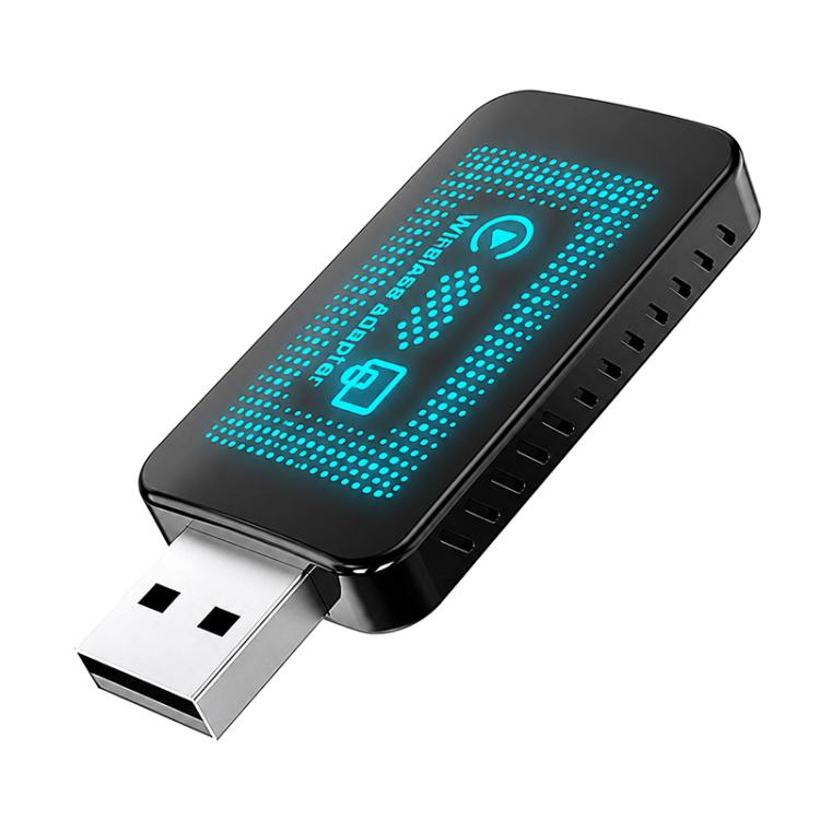 Wireless car adapter with USB plug and glowing blue LED screen
