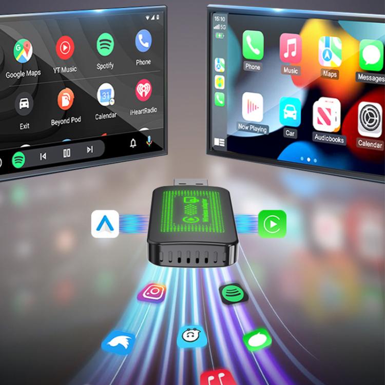 Car wireless adapter device with green LED panel projecting app icons