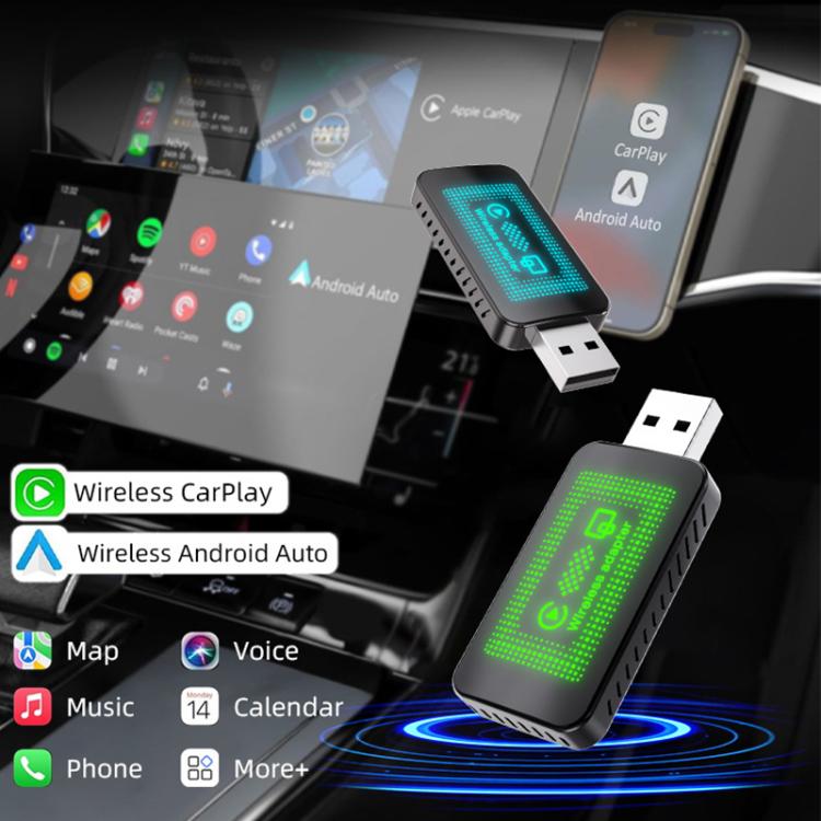 USB car wireless adapter with green LED indicator on dashboard
