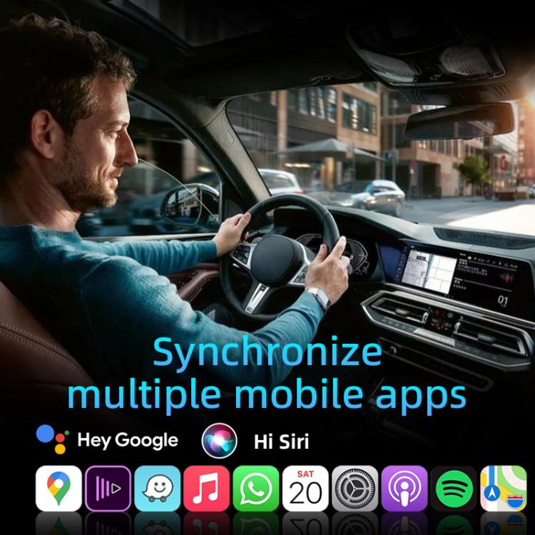 Car dashboard touchscreen showing connected app interfaces via wireless adapter