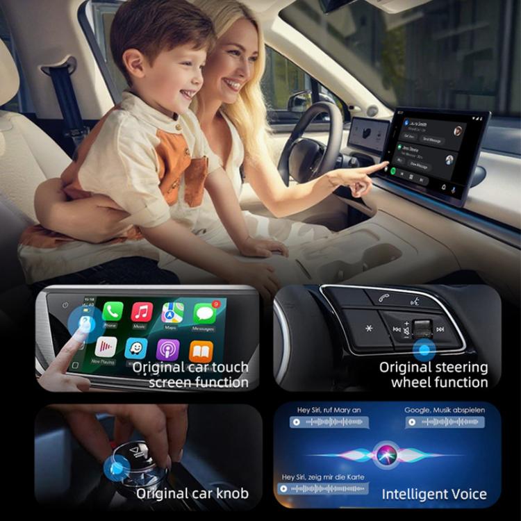 Car wireless adapter near steering controls with touchscreen app icons