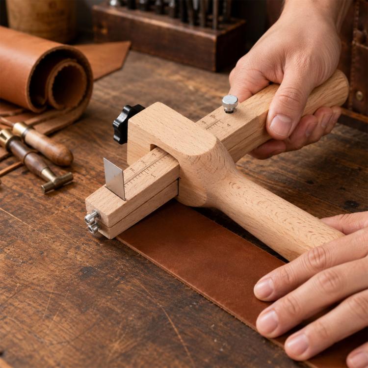 Adjustable leather strap cutter with wooden handle and guided cutting blade, held for use