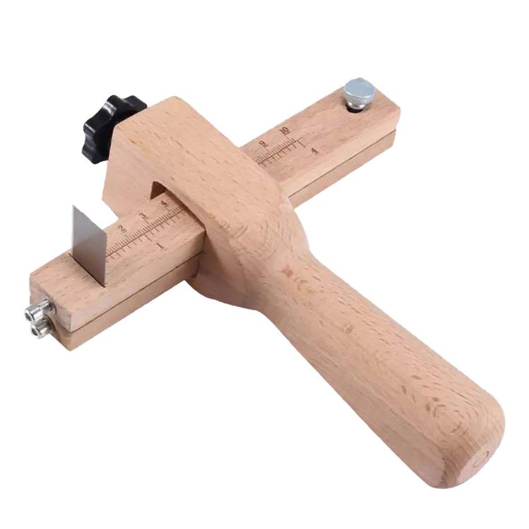 Wooden adjustable strap cutter tool with measuring scale, metal blade, and black clamp