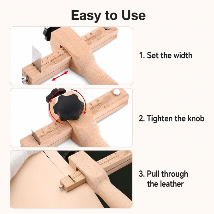 Adjustable leather strap cutter with wooden handle and width-setting knob