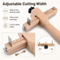 Adjustable strap cutting width tool with wooden frame, scale markings, and locking hardware