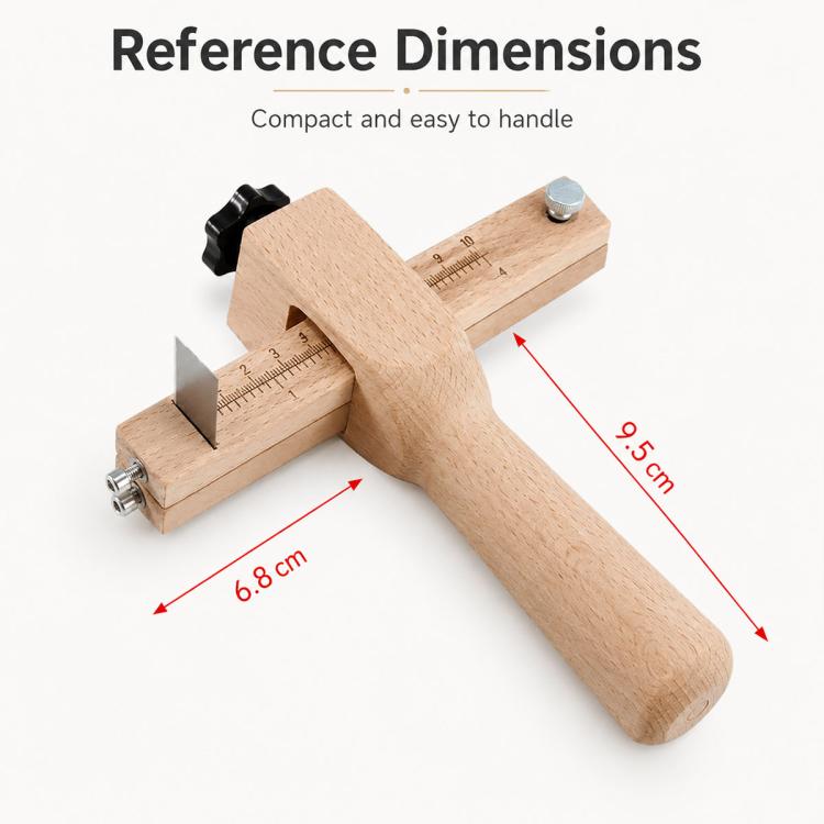 Leather strap cutter with wooden handle, calibrated scale, and blade stop for set width