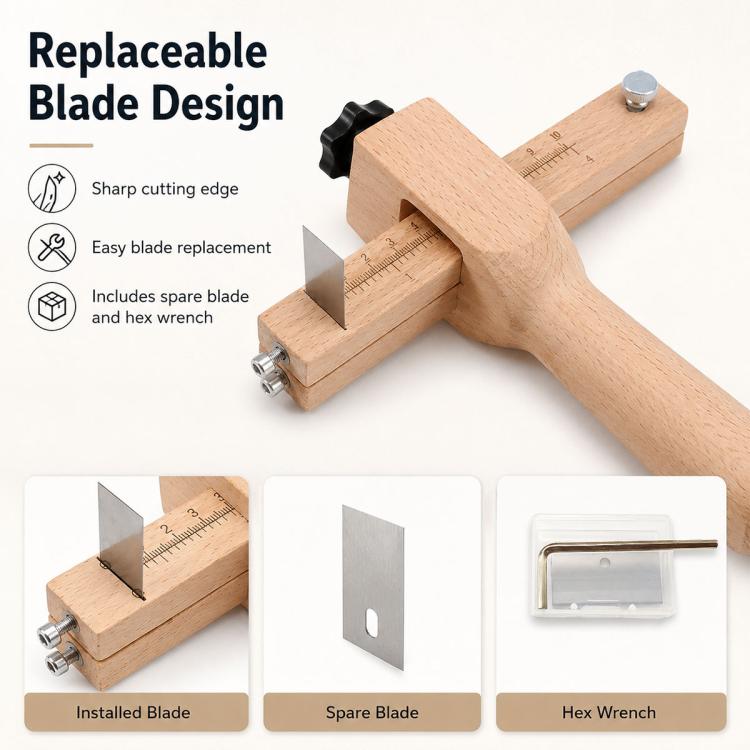 Adjustable leather strap cutter with replaceable blade, wooden body, and hex wrench