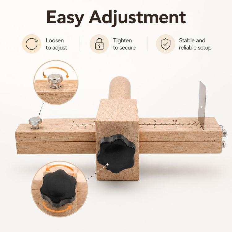 Adjustable leather strap cutter showing tightening knob and black blade mount on wood base