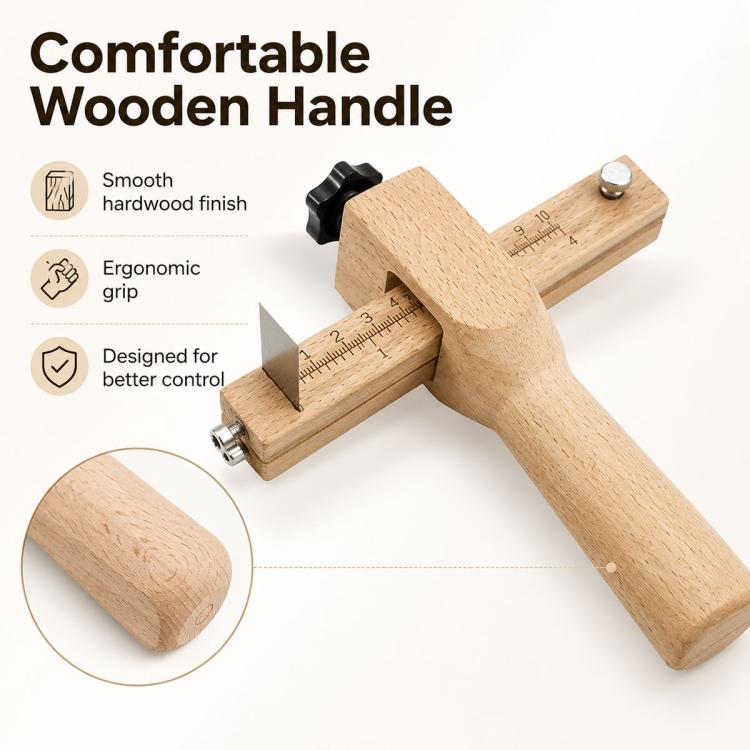 Wooden-handled leather strap cutter with measuring scale and metal cutting blade