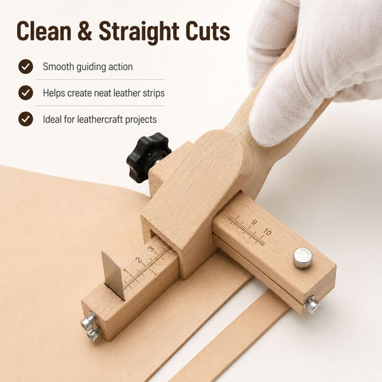 Leather strap cutter with guided blade and wood scale, producing straight strip cuts
