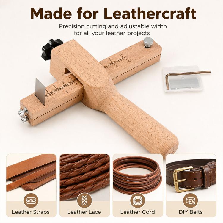 Adjustable leather strap cutter with wooden handle, scale plate, and included spare blade