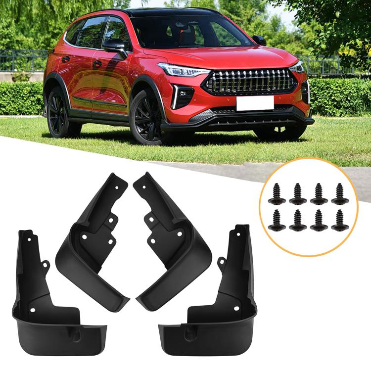 4-piece black car wheel splash flap set with mounting screws shown