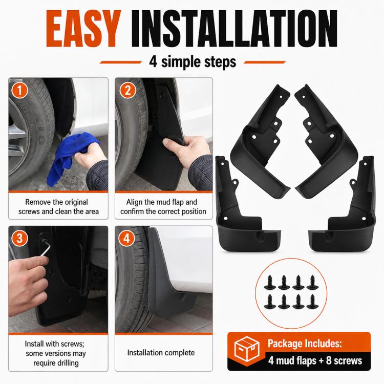 Black mud flap set for easy installation with screws included