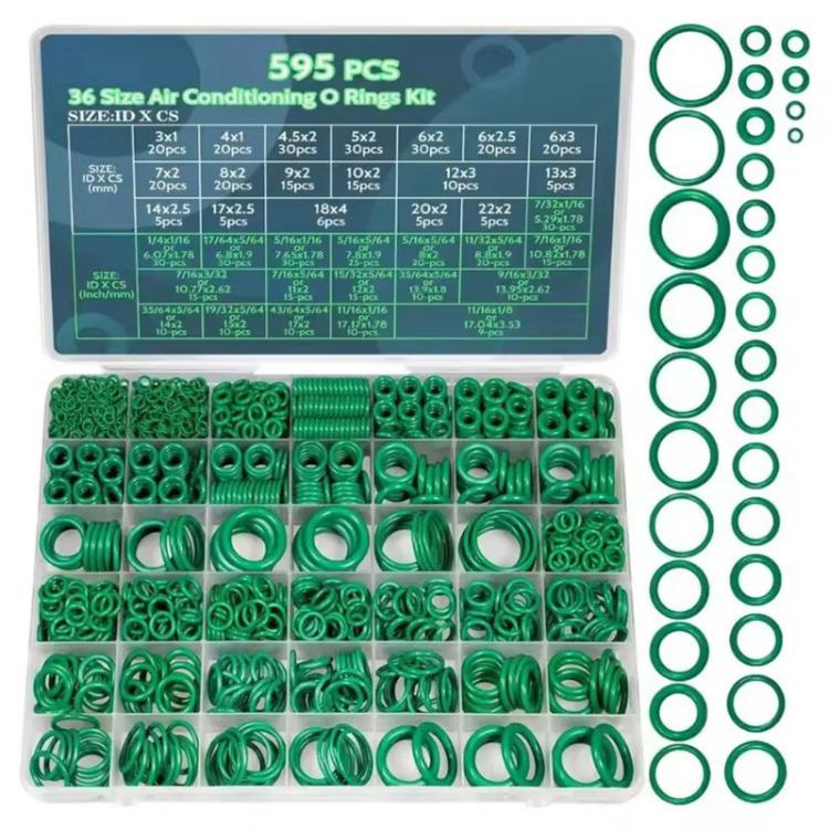 Green A/C O-ring assortment kit with sorted compartments and tall stack of rings