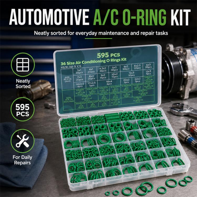 Automotive A/C O-ring rubber ring tool kit with assorted green O-rings in case