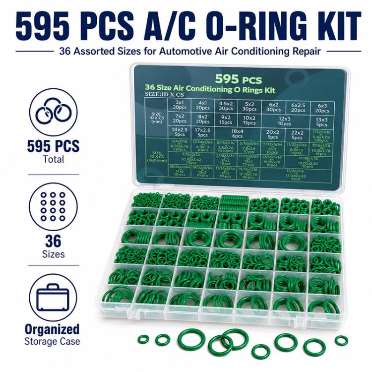 A/C O-ring rubber ring kit set with 595 green rings and clear storage case