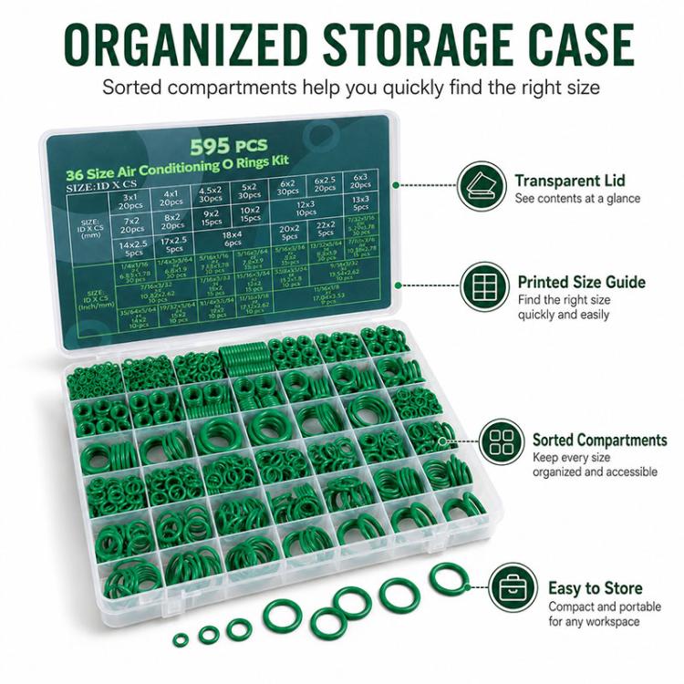 Organized A/C O-ring kit with green rubber rings inside clear, compartment storage case