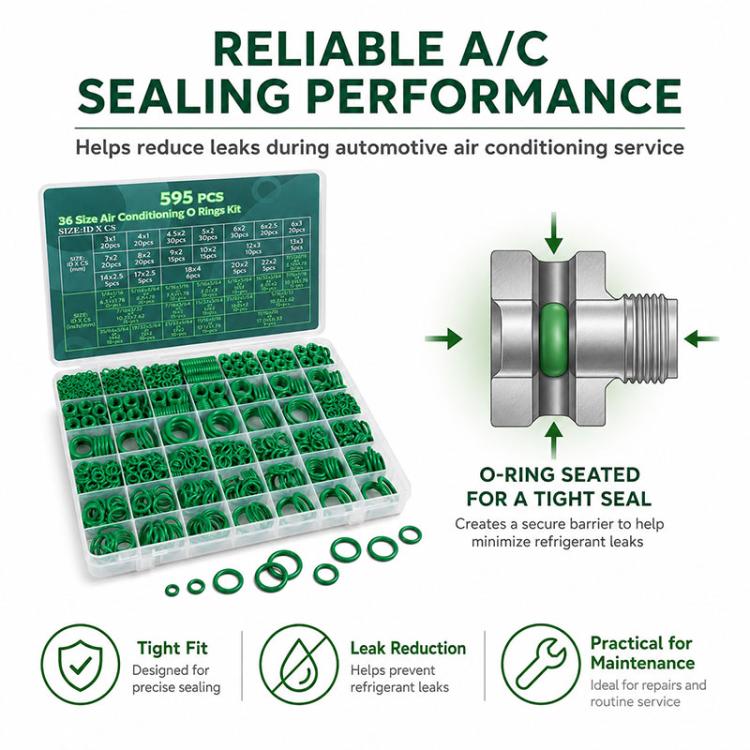 A/C O-ring sealing kit with green rings and labeled storage tray for assorted sizes