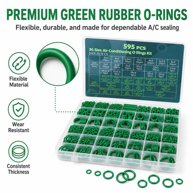 Premium green rubber O-rings kit with assorted rings and clear organizer case