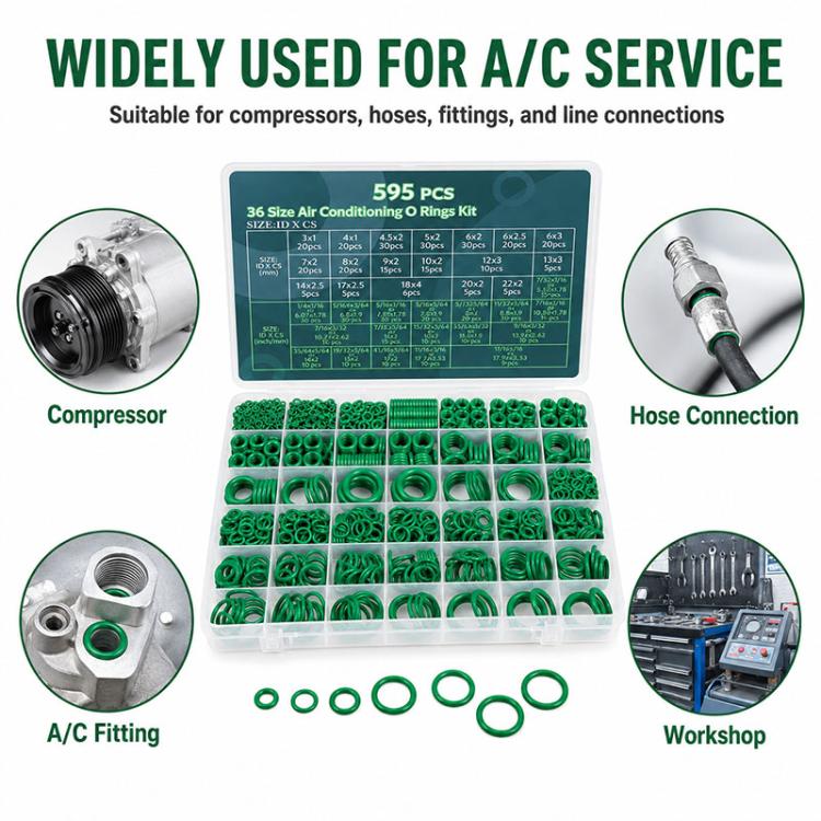 A/C O-ring kit with green rings for compressor, hose, and fitting connections