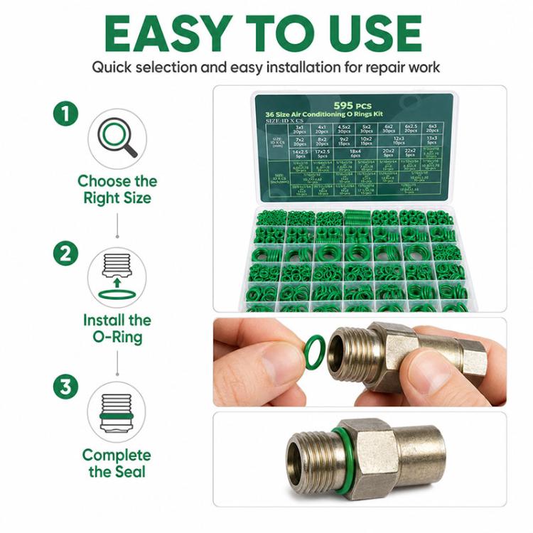 A/C O-ring kit with green rings and shows installing ring onto metal fitting