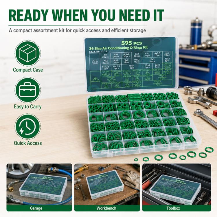 Compact A/C O-ring assortment kit with green rings in case and loose rings on bench