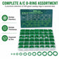 Complete A/C O-ring assortment kit with green rings in clear organized storage tray