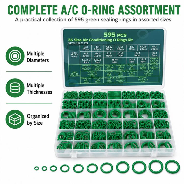 Complete A/C O-ring assortment kit with green rings in clear organized storage tray