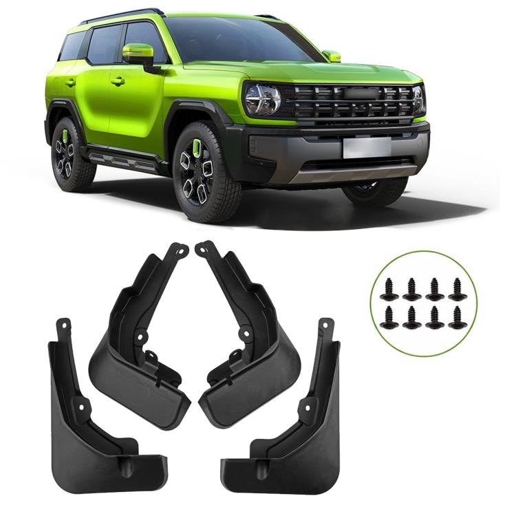 Black 4-piece car splash flap set with mounting bracket holes for wheel guards