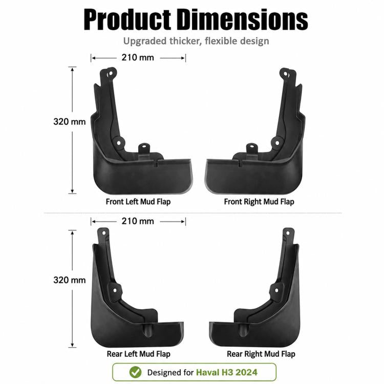 Set of four black car splash mud flaps with mounting holes for front and rear.