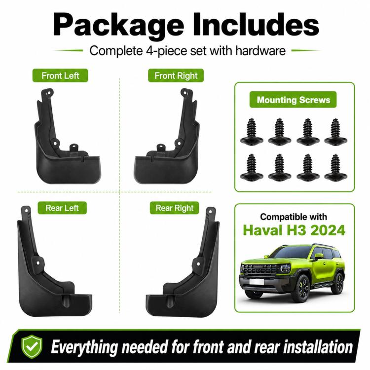 Black splash flap set components with hardware screws and 4 mounting flaps