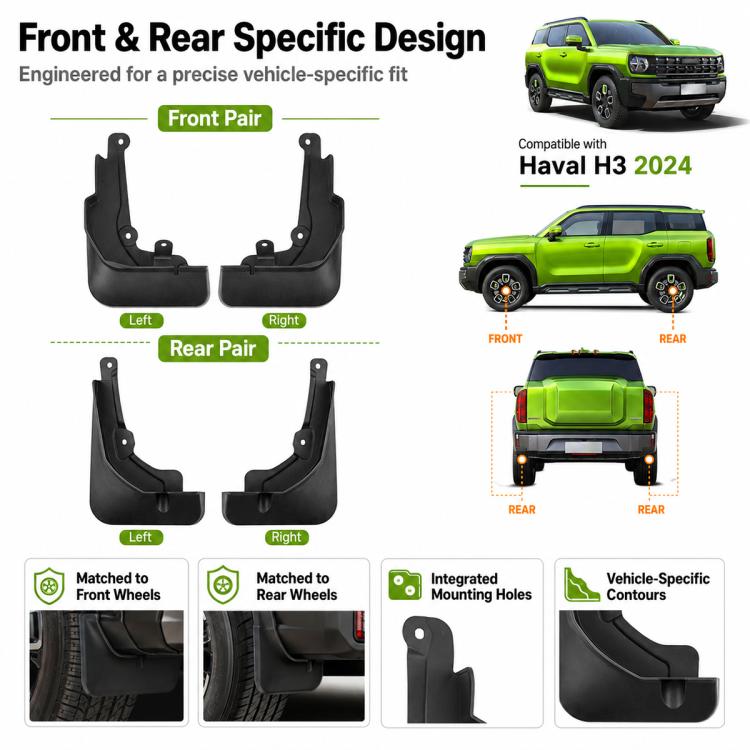 Black front and rear splash flaps for wheel areas, left and right pair set