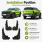 Black front and rear mud flap set showing left and right wheel area placement